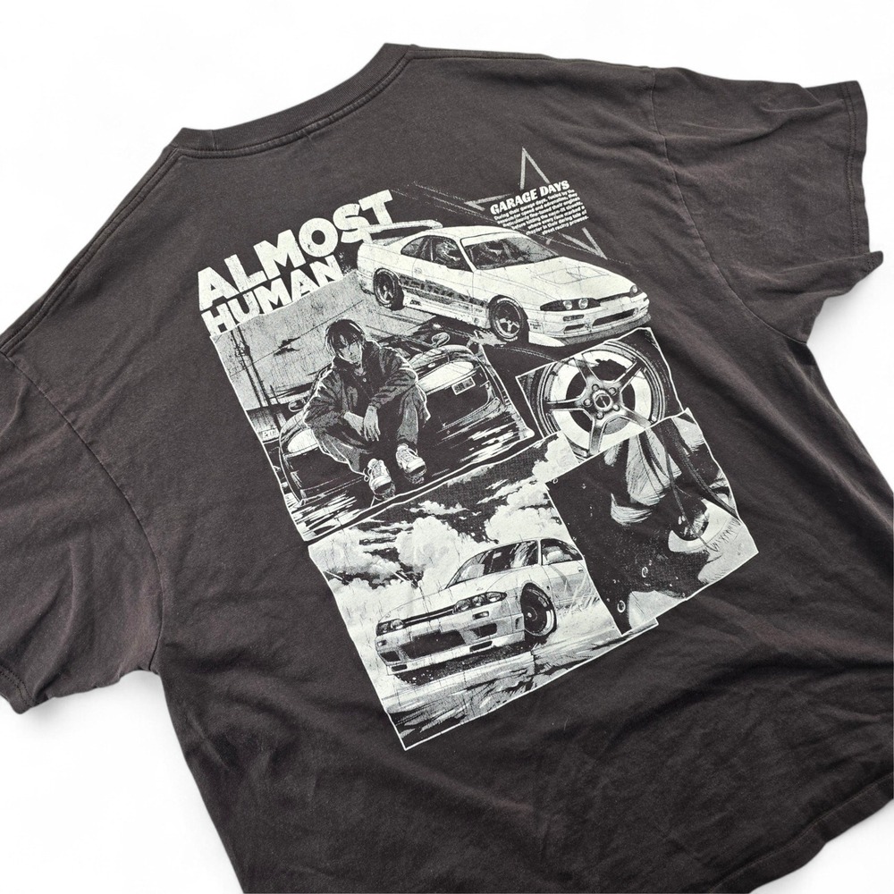 Almost Human Mens XXL T-Shirt Faded Black Brown Manga JDM Car Graphic Tee